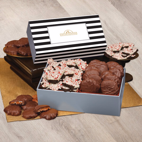 Peppermint Bark & Pecan Clusters in Gift Box with Stripes Sleeve