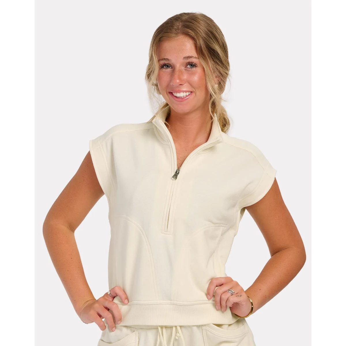 Women's French Terry Half-Zip Short Sleeve Sweatshirt - BW2407 1