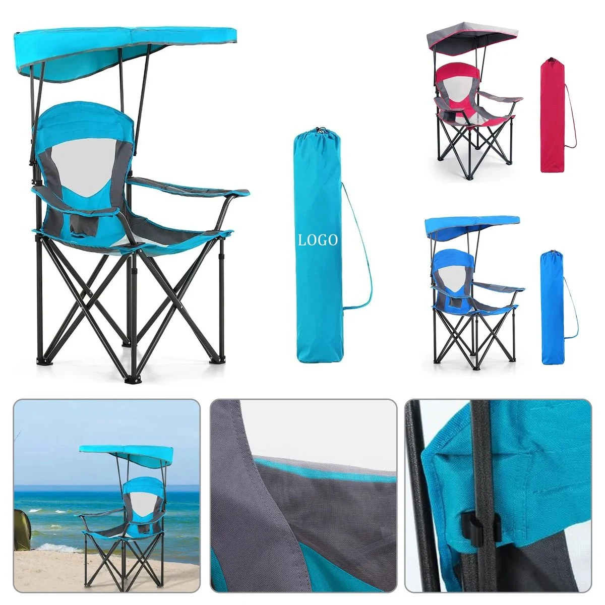 Camping Fishing Beach Canopy Lounge Chair Sunshade, custom folding chair with logo imprint 1