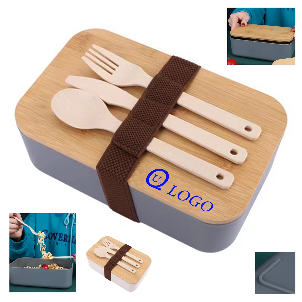 Plastic Lunch Box Set W/ Wooden Lid 1