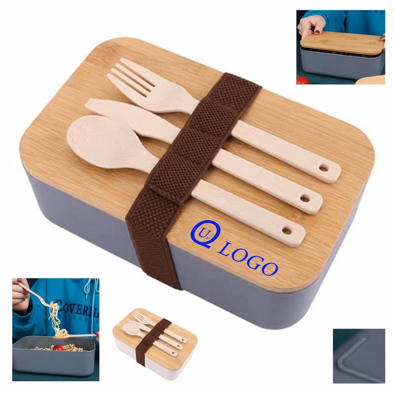 Plastic Lunch Box Set W/ Wooden Lid