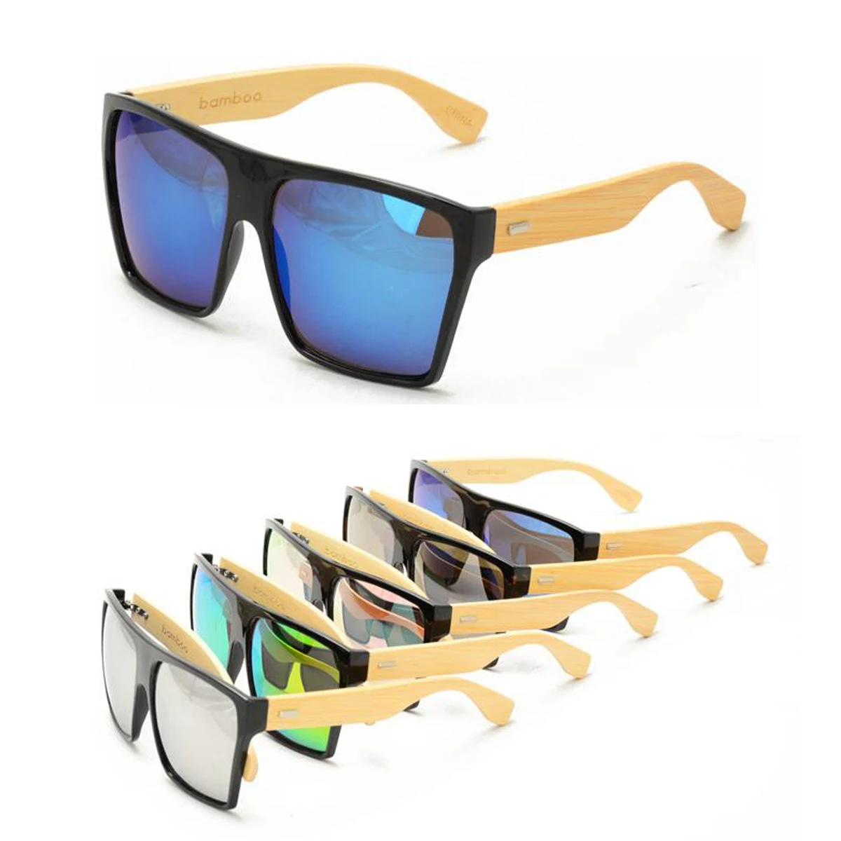 Fame II Oversize Square Bamboo Sunglasses with Color Mirror Lens 1