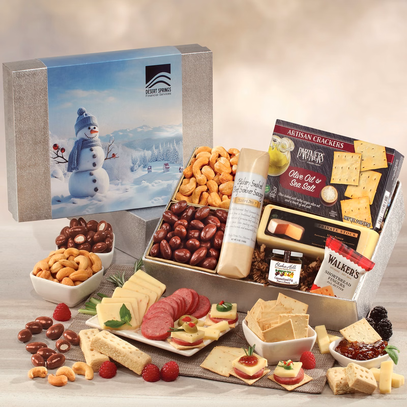 Shelf Stable Snacking Smorgasbord with Blue Snowman Sleeve
