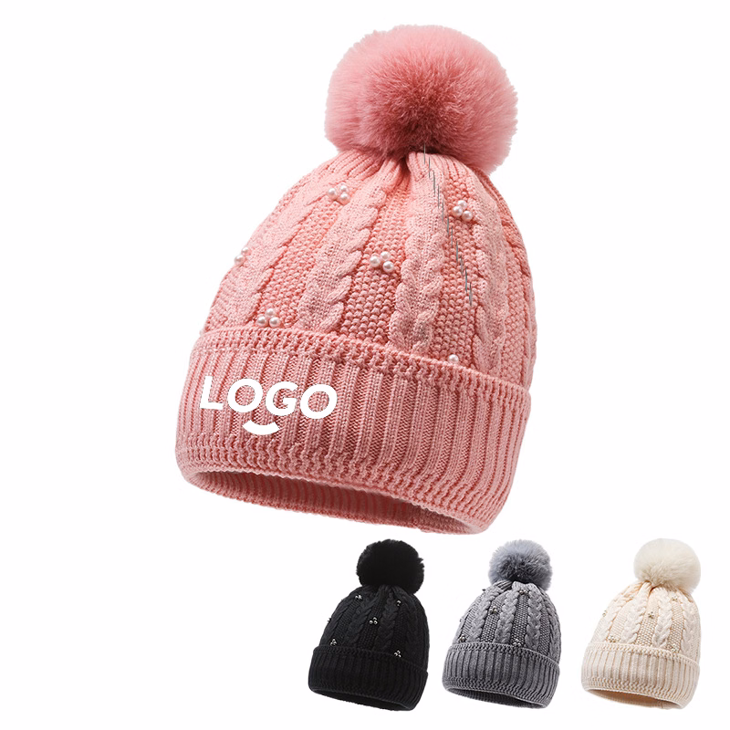 MOQ50 Women's Cold-Proof Knitted Hat With Plush Balls