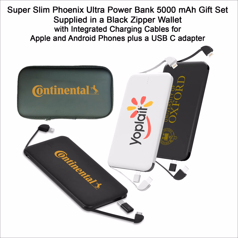 Super Slim Phoenix Ultra Power Bank- 5000 mAh - with integrated Charging Cables, Gift Set No Extra T