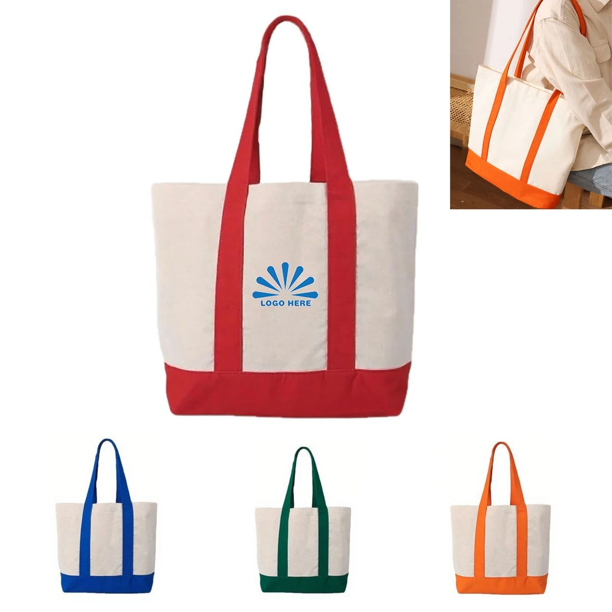 Cotton Canvas Tote Bag Splicing Handbag, custom tote bag with logo imprint 1