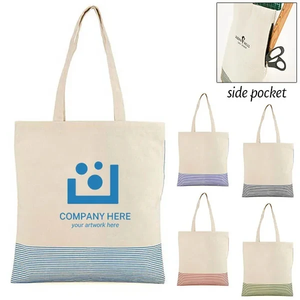 Striped Cotton Tote Bag w/ Side Pocket -14.88"w x 15.5"h, custom tote bag with logo imprint 1