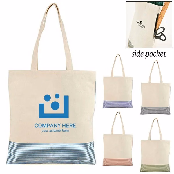 Striped Cotton Tote Bag w/ Side Pocket -14.88"w x 15.5"h