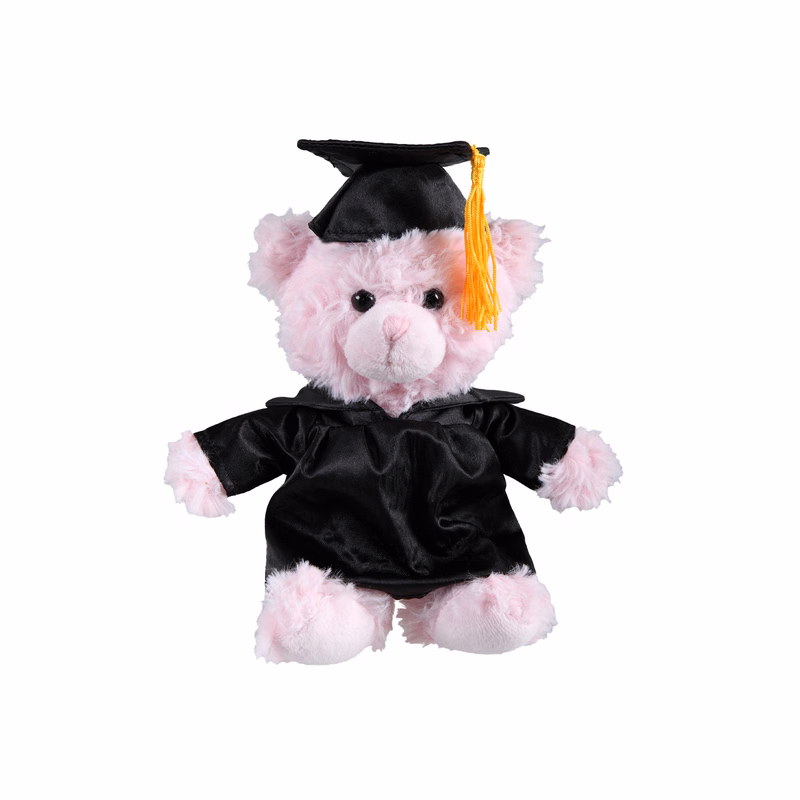 soft plush  Pink Curly Sitting Bear with graduation cap &gown