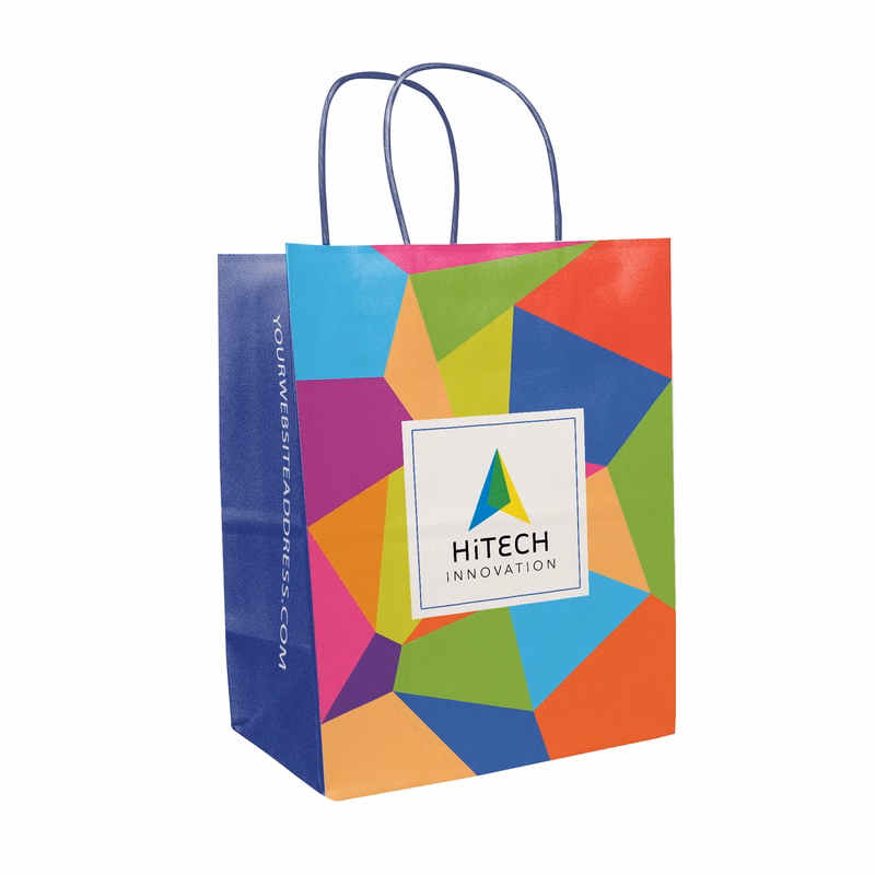 Multi-Sided Full Color White Shopper Paper Bag - Blue Handle (8.25 x 10.25 x 5)