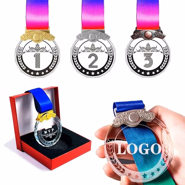 Personalized Crystal Glass Awards Medals With Ribbon