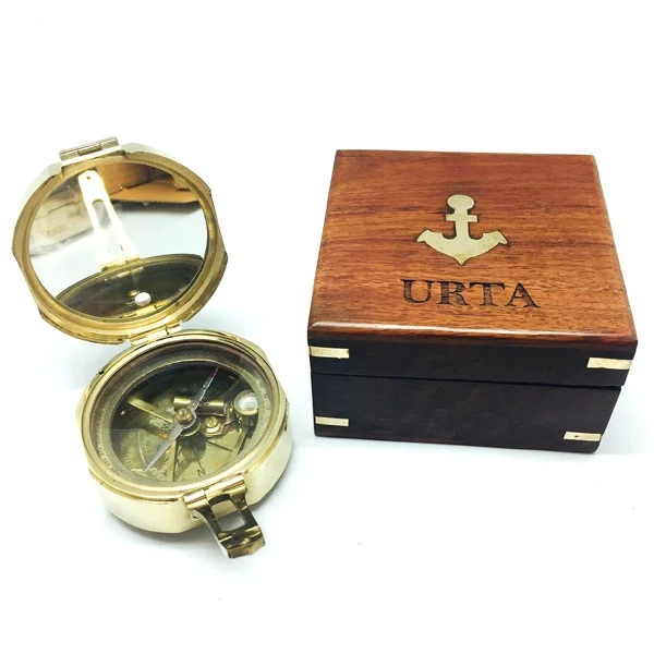 4" Brass Brunton Compass in Wood Case (Brass Anchor & Corners) 1