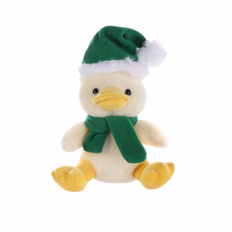 Soft Plush Sitting Duck wearing a Christmas Scarf and Hat