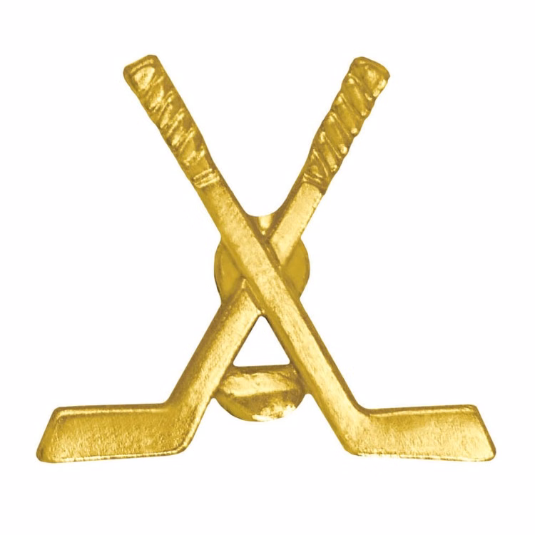 Crossed Hockey Sticks Bright Gold Chenille Lapel Pin