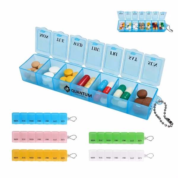 Custom 7-Day Transparent Pill Organizer with Chain Attachment — Travel Medical