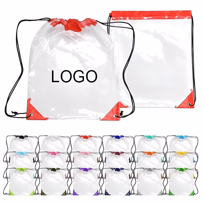 Clear PVC Drawstring Backpack W/ Leather Corner (14" W x 17" H)