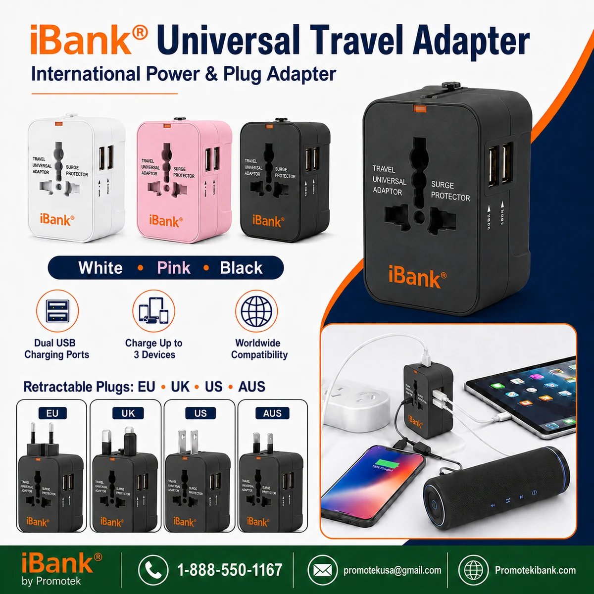 iBank® Universal Travel Adapter USB C, All in One Worldwide Plug Adapter 1