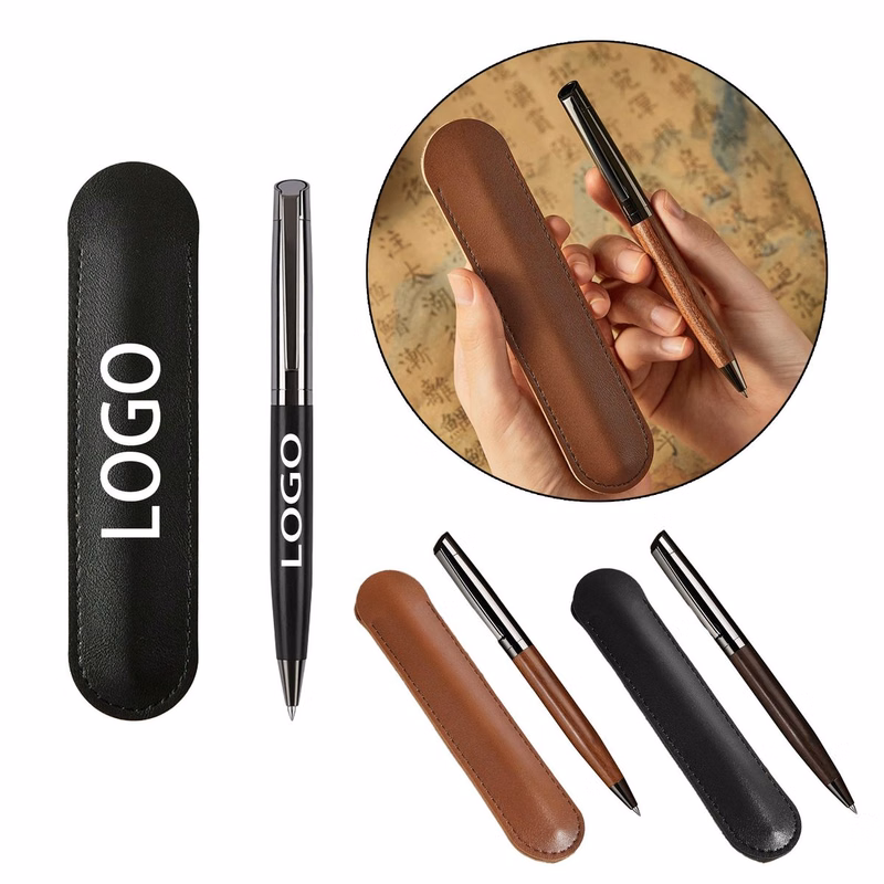 Engravable Wooden Signature Pen Leather Sleeve Set