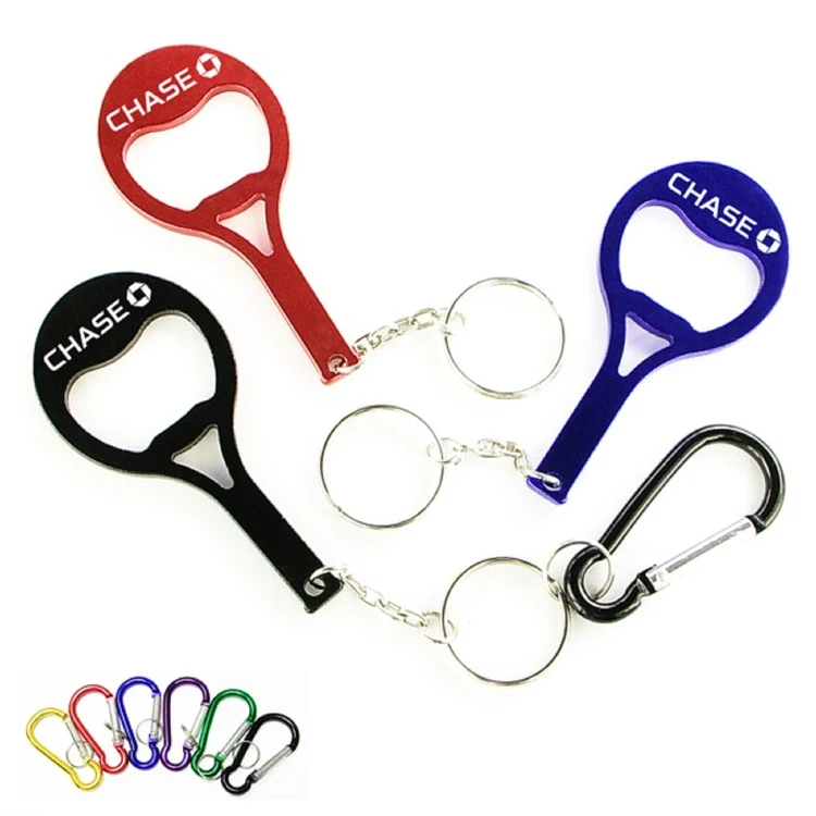 Tennis racket shape aluminum bottle opener with split key ring and carabiner 1