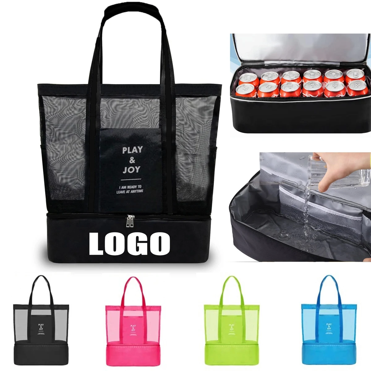 Mesh Beach Tote Lunch Bag With Cooler Bottom 1