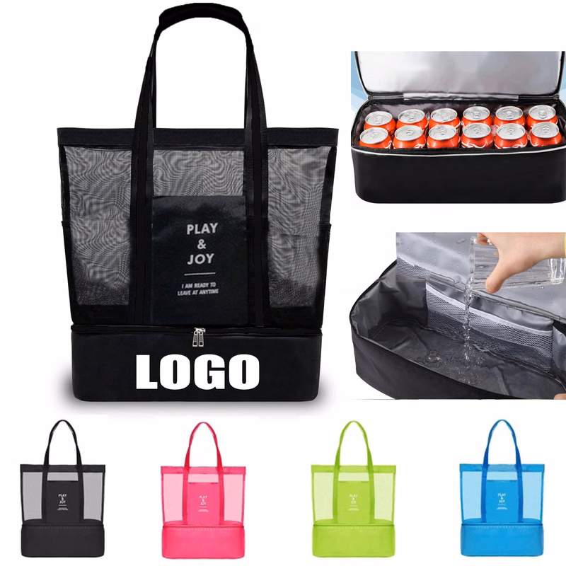 Mesh Beach Tote Lunch Bag With Cooler Bottom