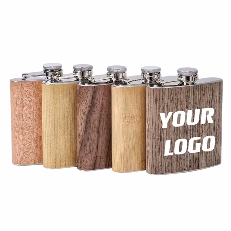 Custom 6 oz Wood Grain Stainless Steel Liquor Flask