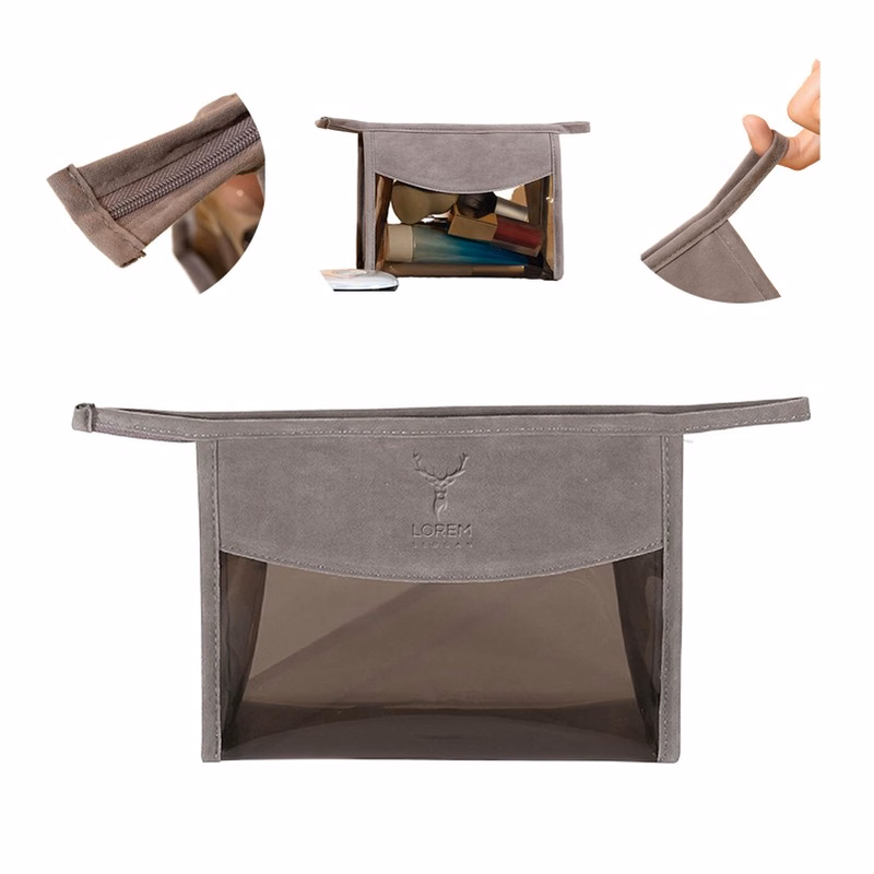 3 Sizes Transparent Toiletry Bag,Travel Cosmetic Organizer with Suede Trim