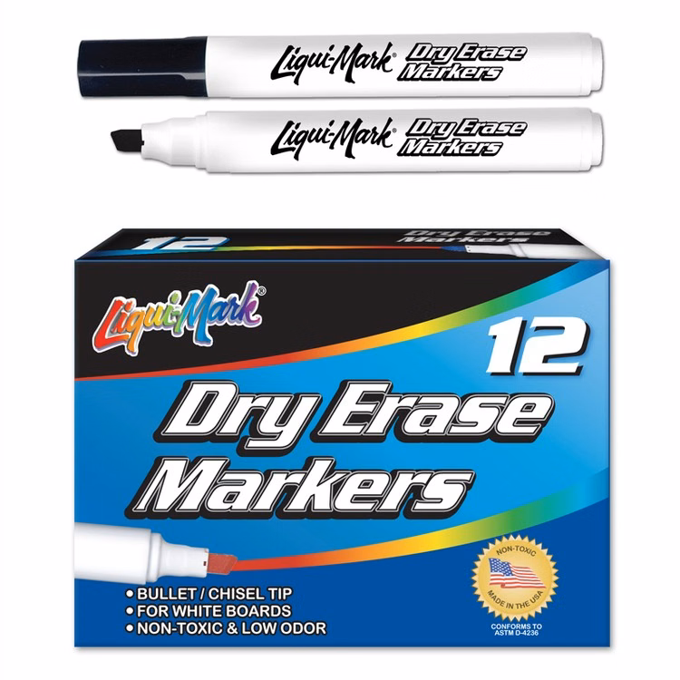 12 Pack Dry Erase, Low Odor, Chisel Tip Markers/Box - Black - Made in the USA