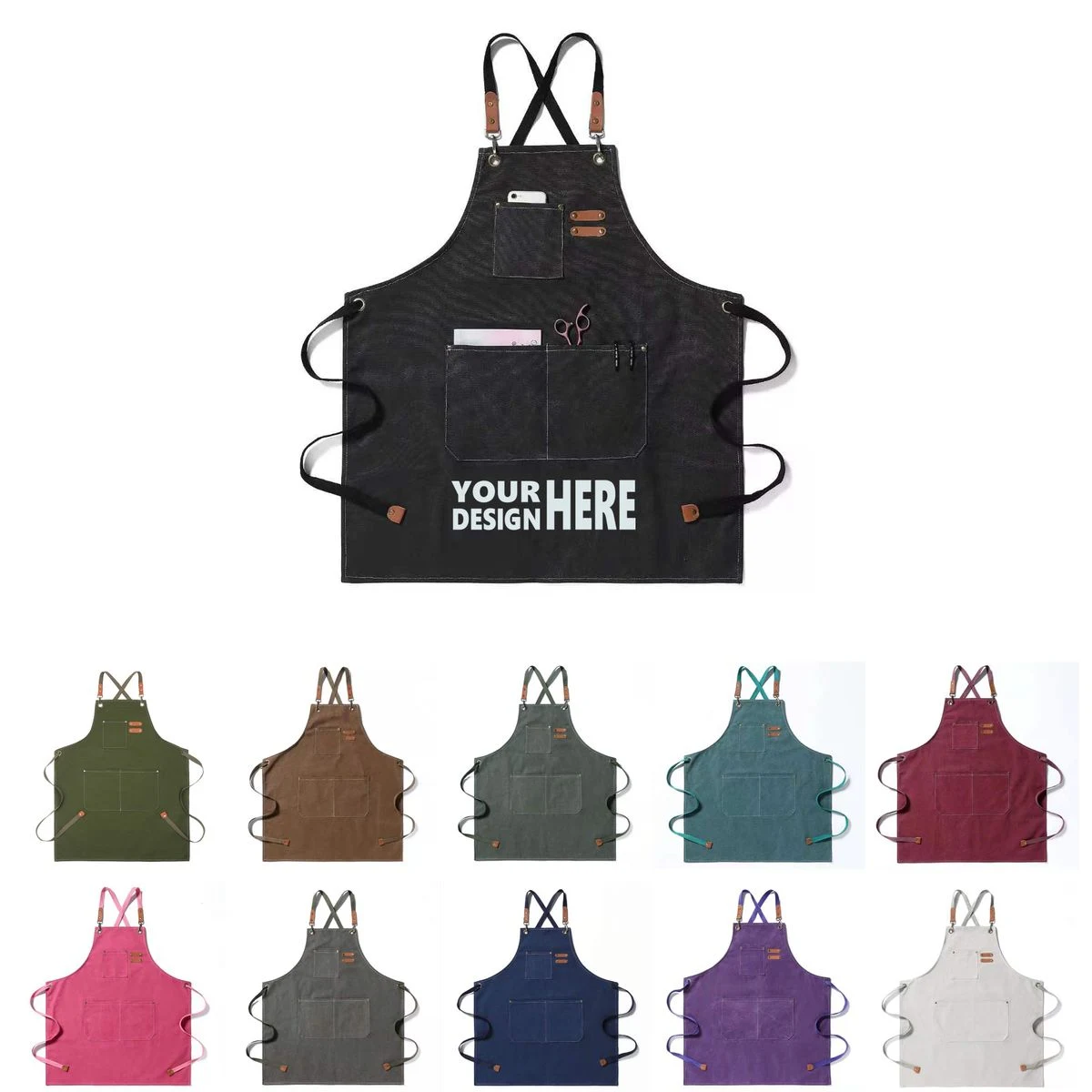 Heavy Duty Cross Back Canvas Work Apron, Pockets 1
