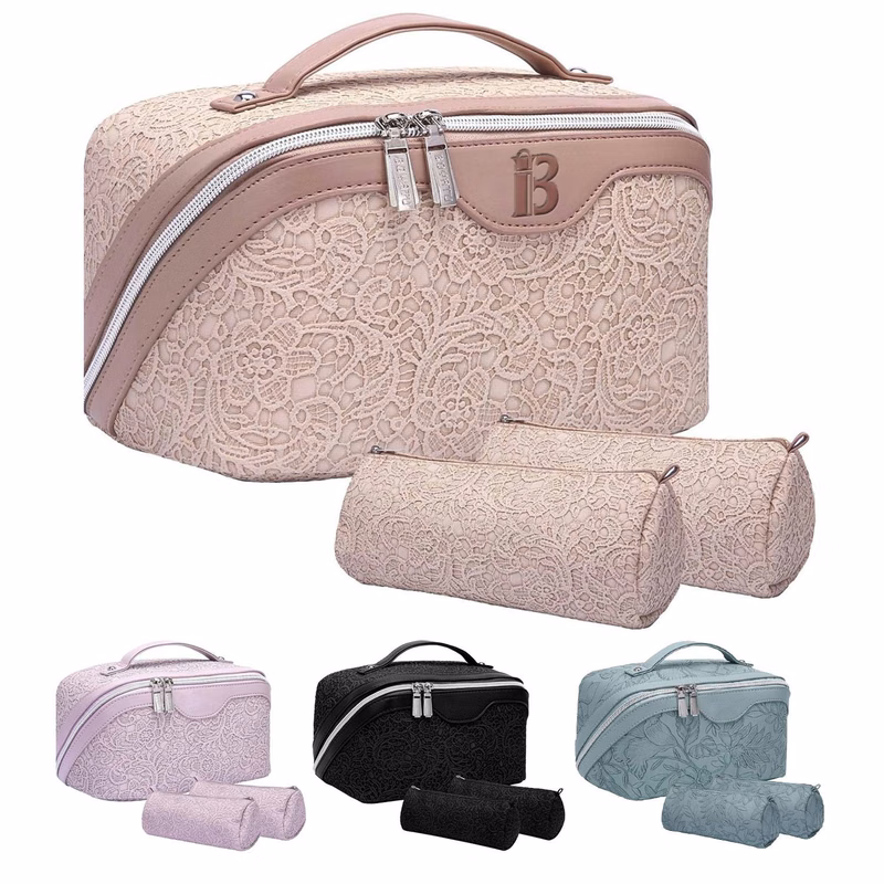 Leather Lace Embossed Waterproof Toiletry and Makeup Bag