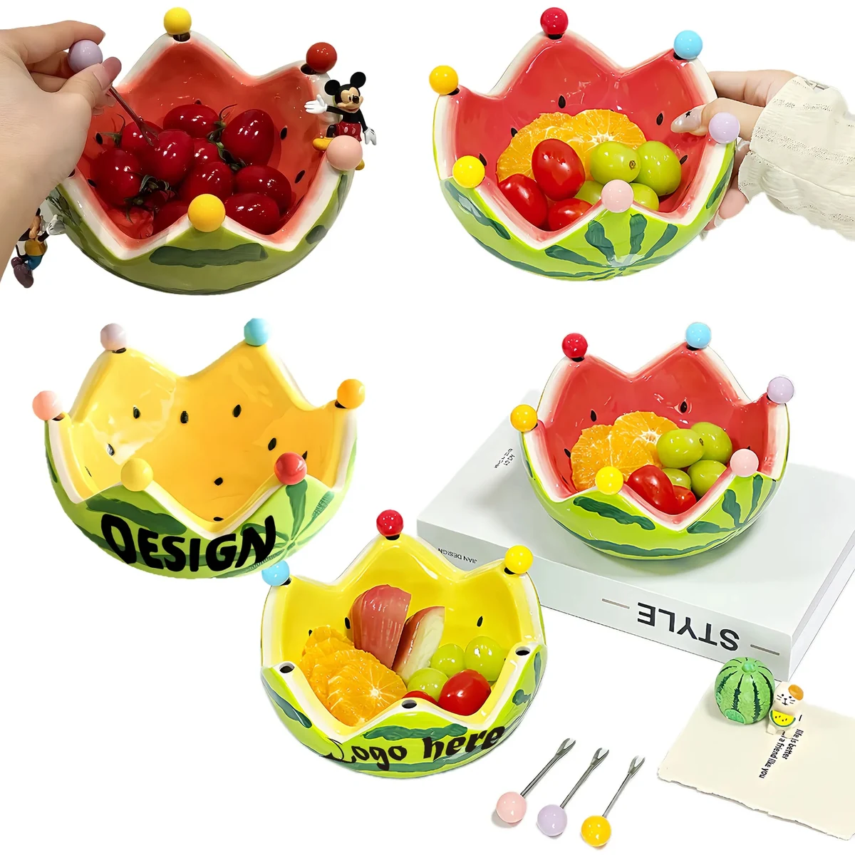 Stylish Ceramic Watermelon Bowl With Fruit Forks 1