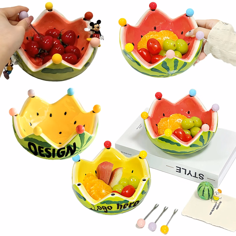 Stylish Ceramic Watermelon Bowl With Fruit Forks