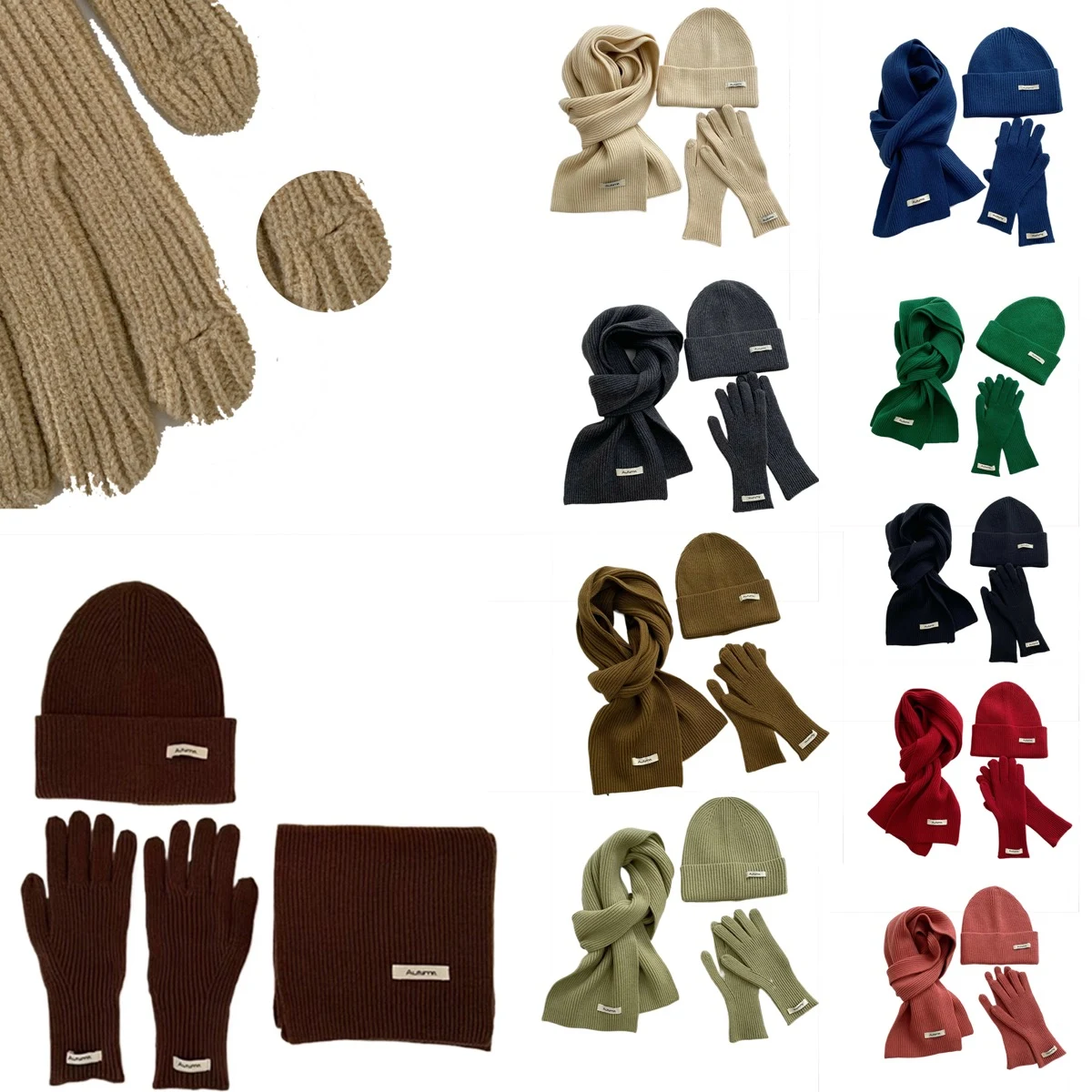 3PcsWinter Knit Hat Scarf Touch Screen Gloves Set Warm Suit 1