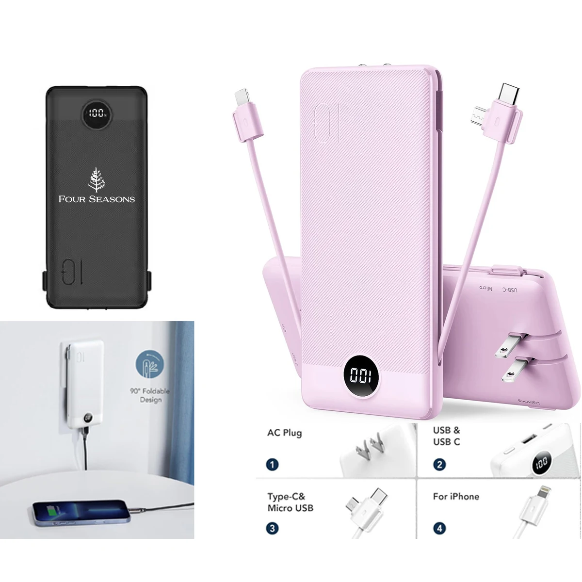 Power Bank with Built-In Cables, Retractable AC Wall Plug, and LED Battery Display, 10000mAh 1