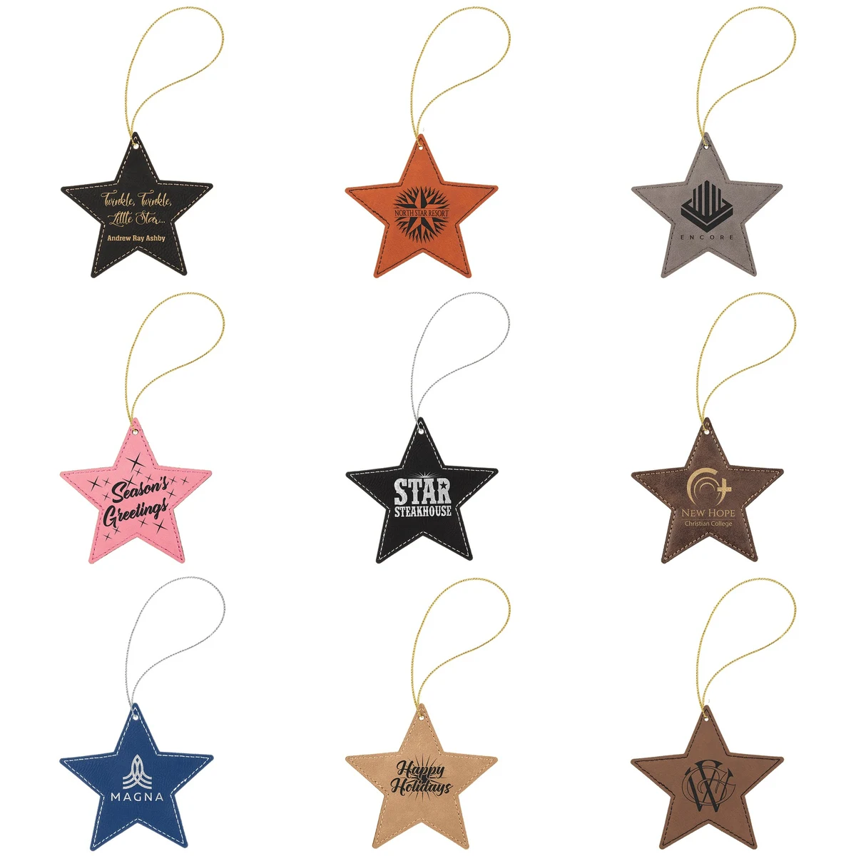 4" x 4" Laserable Leatherette Star Ornament with Hanging String 1