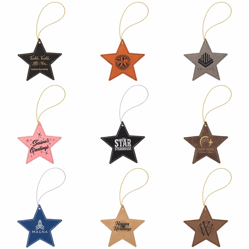4" x 4" Laserable Leatherette Star Ornament with Hanging String