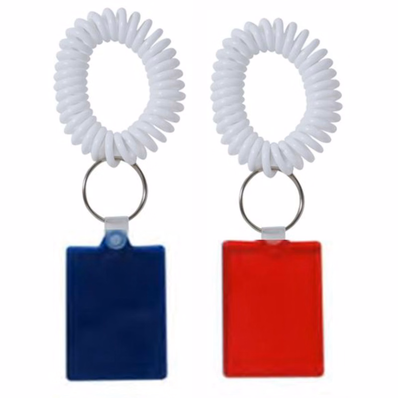 Rectangular Key Tag with Square Corners and White or Blue Coil Wristband