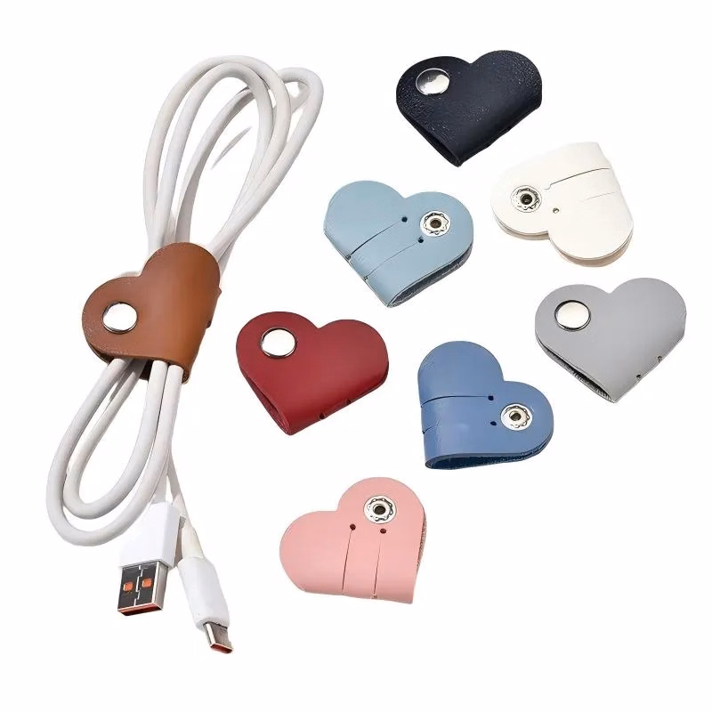 Heart Shaped PU Leather Cable Organizer with Metal Snap