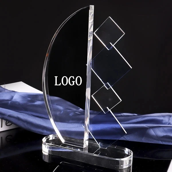 Sail-shaped Blue Clear Crystal Glass Trophy 1