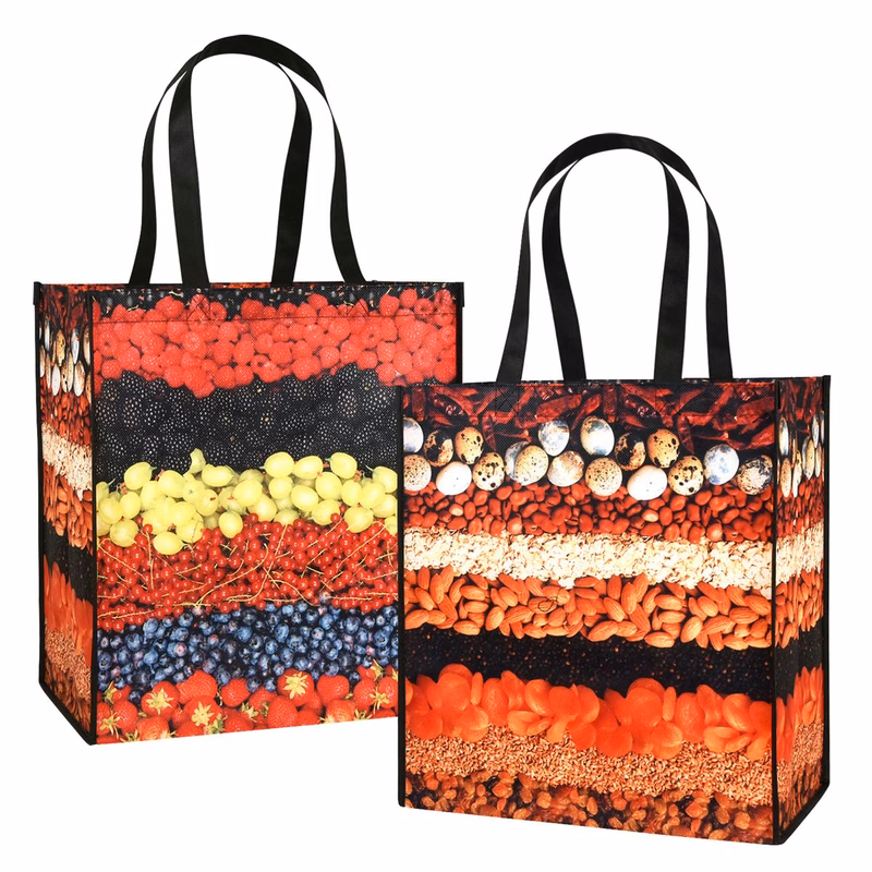 Custom Full-Color 80g PET Non-Woven (made from recycled plastic) Grocery Shopping Bag 13"x15"x8"
