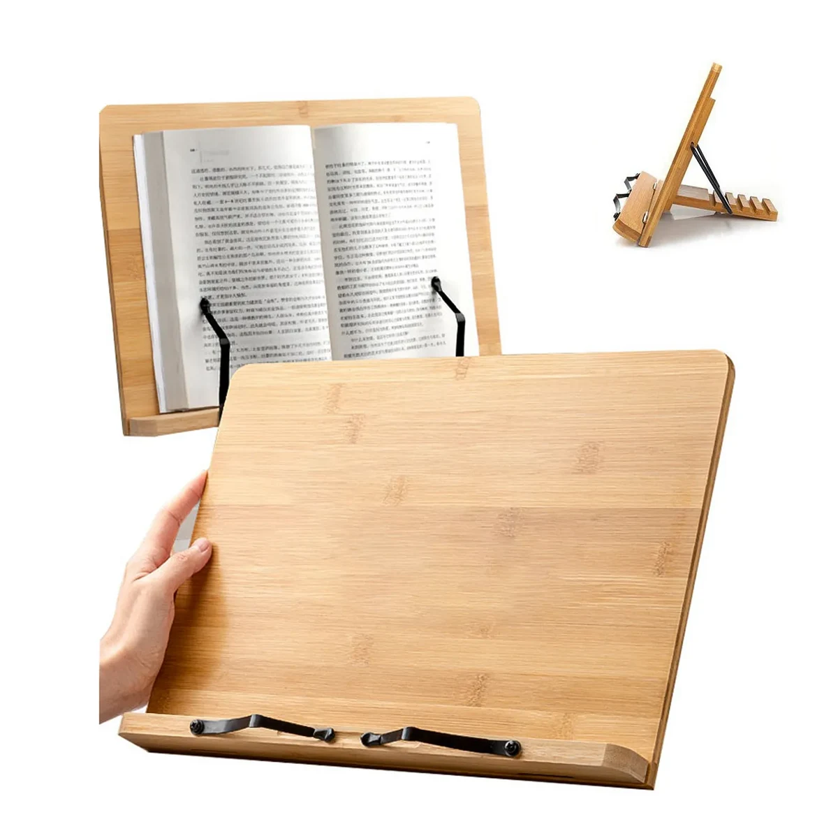 Bamboo Large Cookbook Holder/Book Stand with Adj Height 1