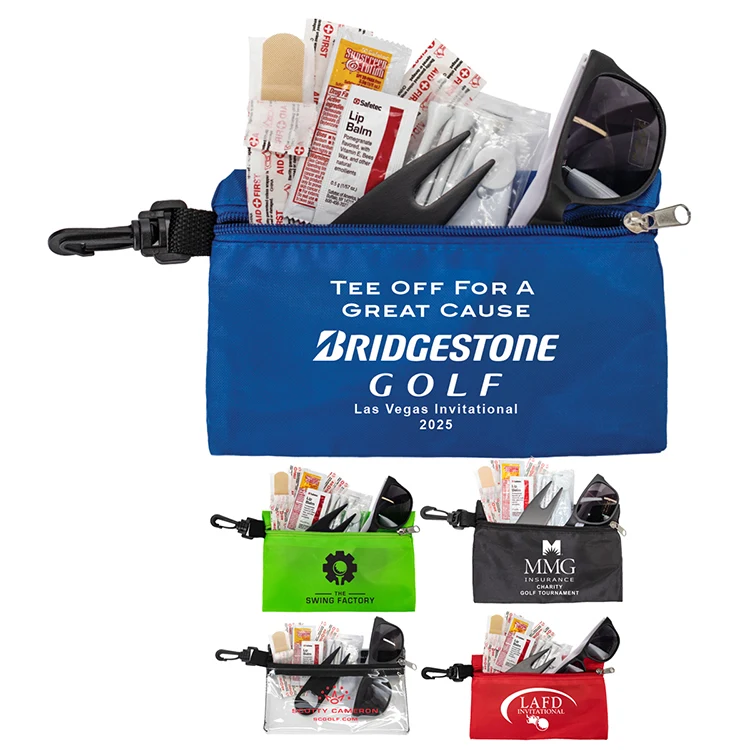 "CHIP 16" 16 Piece Golf Kit in Supersized Zipper Pack Components inserted into Zipper kit with Carab 1