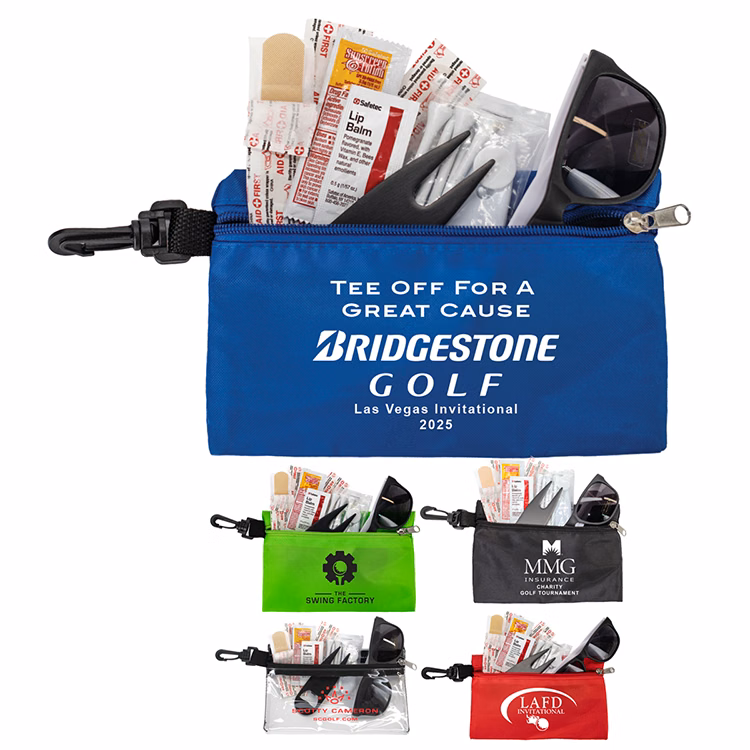 "CHIP 16" 16 Piece Golf Kit in Supersized Zipper Pack Components inserted into Zipper kit with Carab