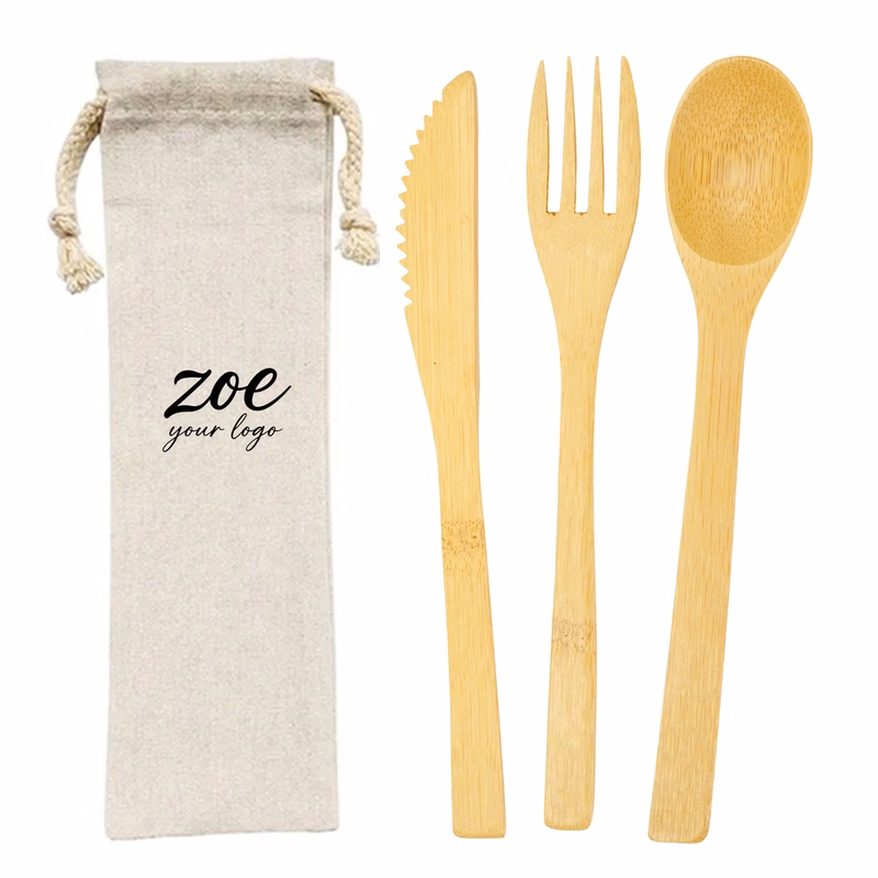 Reusable Bamboo Cutlery Set with Carrying Pouch