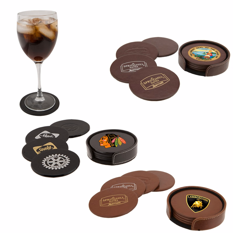 Atlantis Bonded Leather Round Coaster Set (Black)