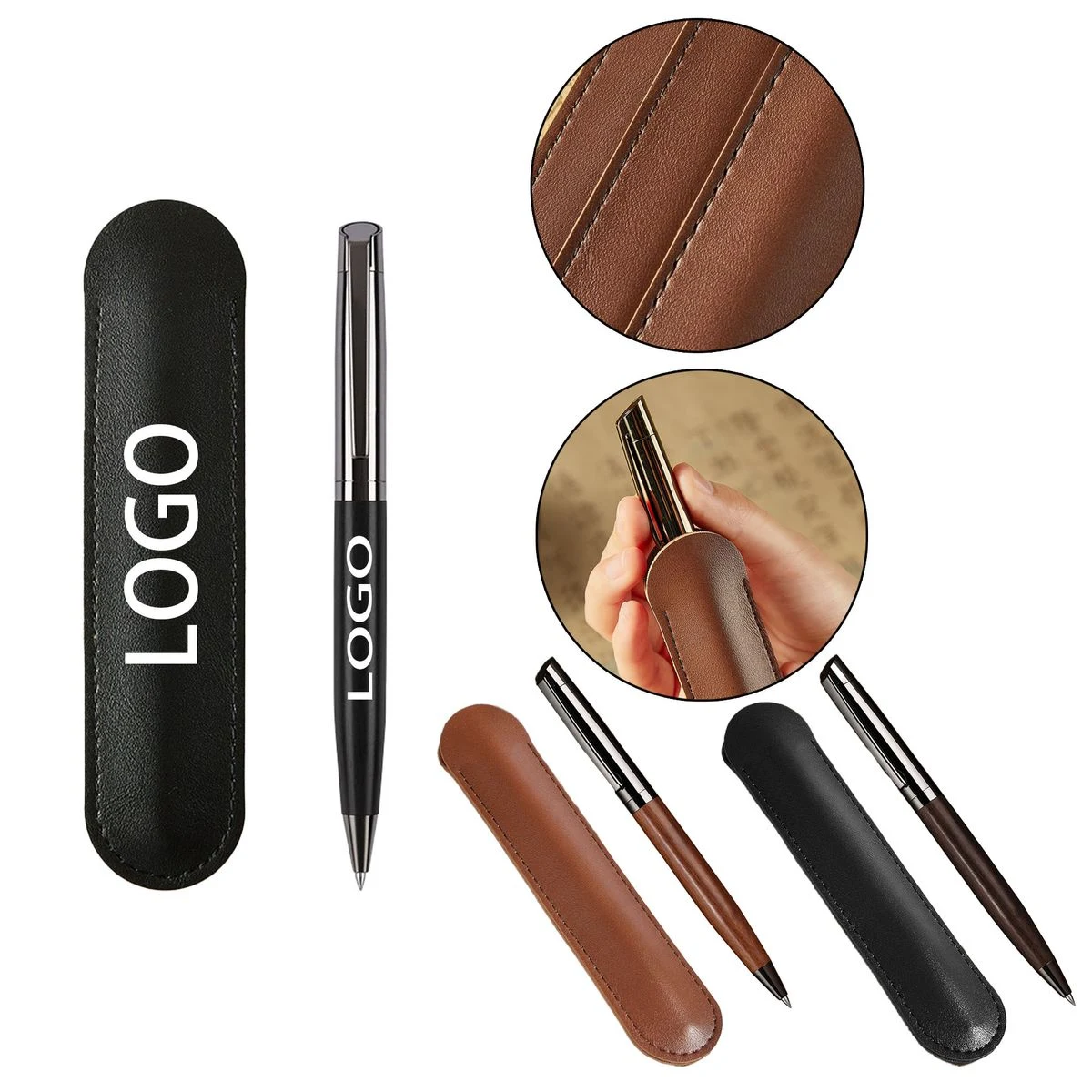 Portable Wooden Signature Pen Leather Sleeve Kit 1