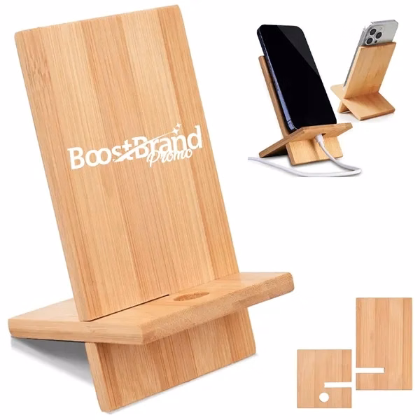 Custom Sustainable Bamboo Phone Stand with Dual-Orientation Support — Eco-Tech Promo