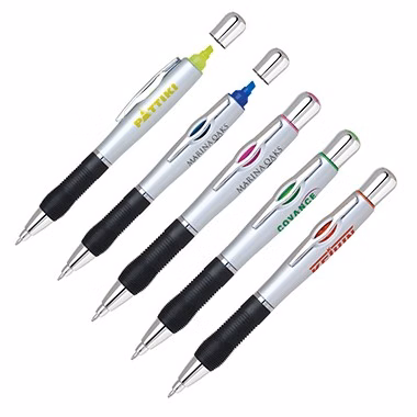 2- in- 1 twist action highlighter and ball point pen.