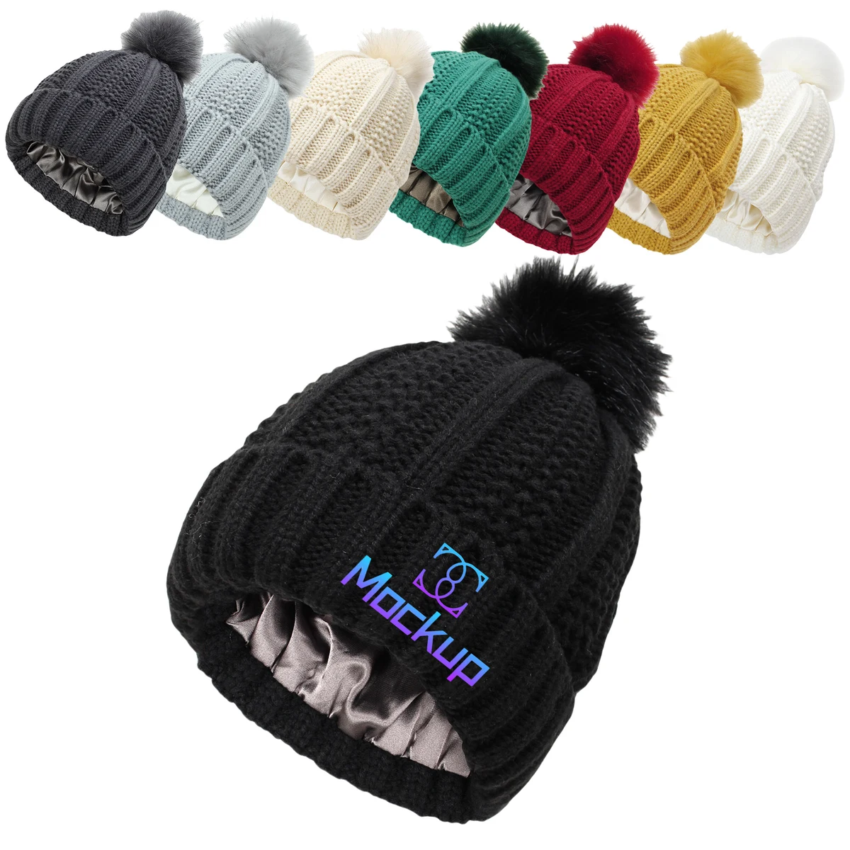 Thick Cable Knit Fuzzy Pom Cuff Beanie 1