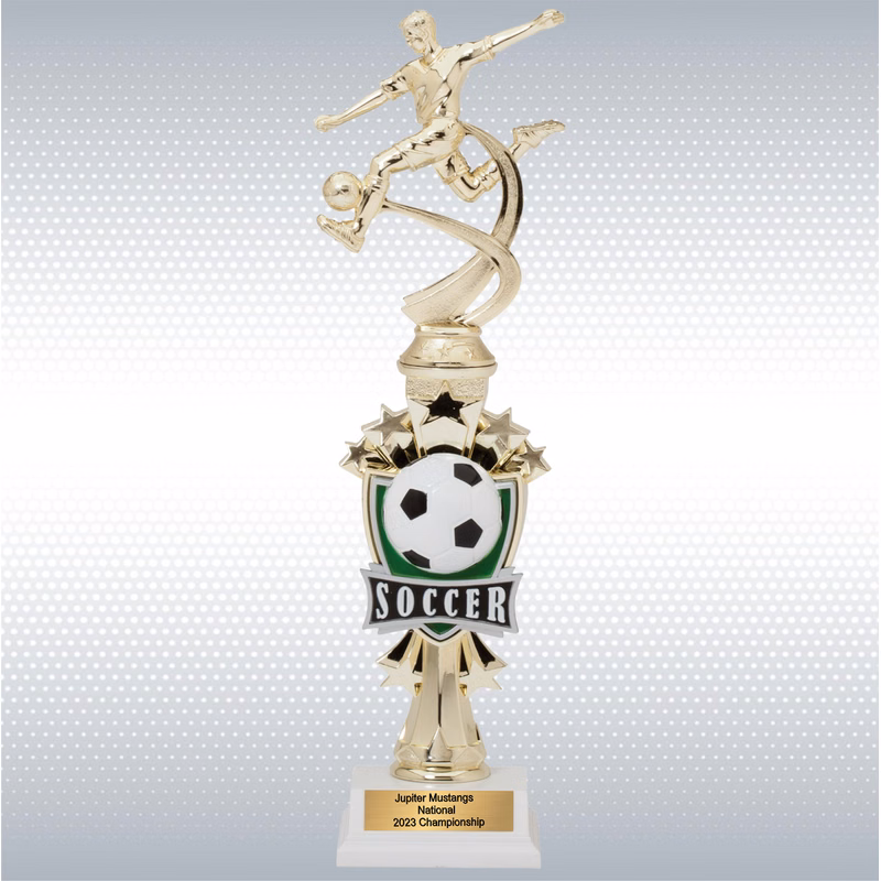 14" Assembled Trophy w/ Male Soccer Player Figure on White Base